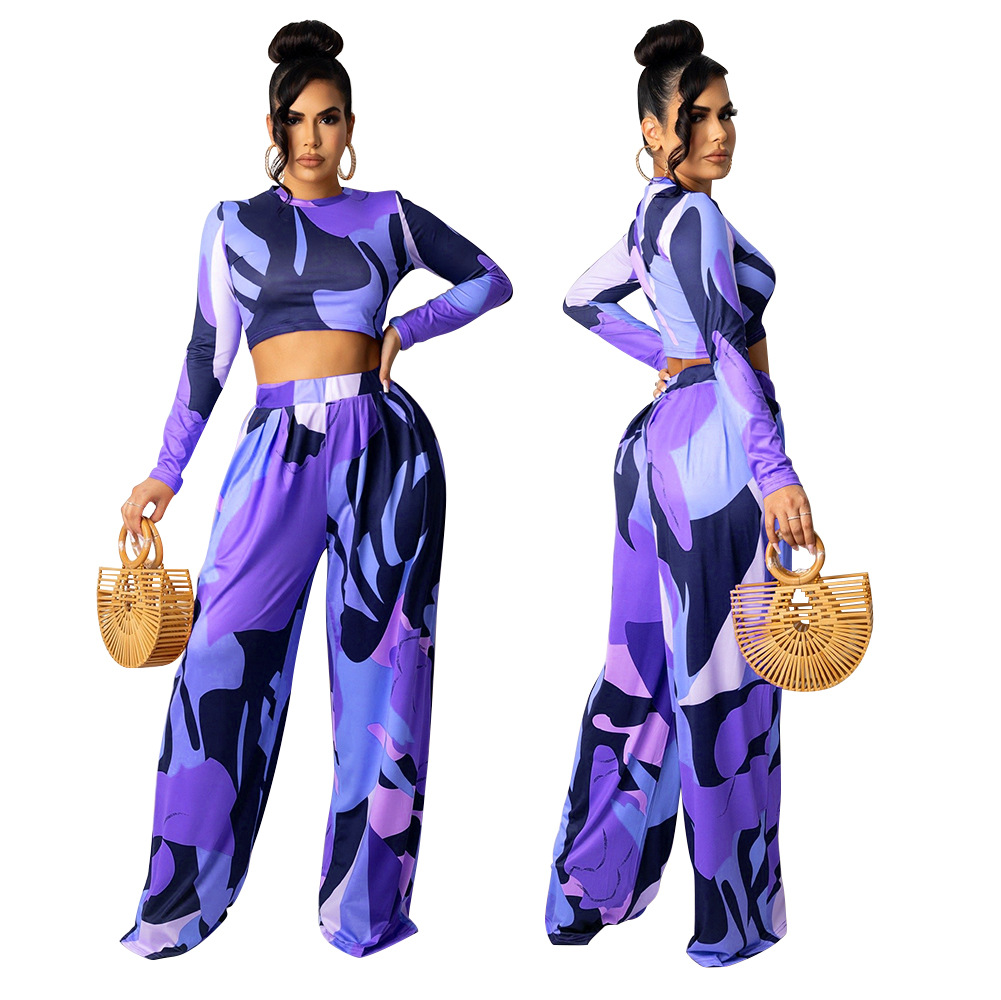 women s long-sleeved top with bell bottoms digital printing two-piece suit nihaostyles clothing wholesale NSOSD79488