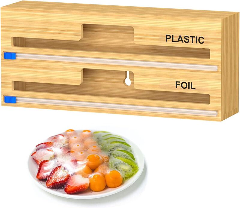 2-in-1 Bamboo Wrap Dispenser with Slide Cutter for Kitchen Drawer Fits 30cm Rolls