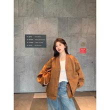 跨境贸易2025春款麂皮棒球服外套女新款宽松美式复古上衣休闲V领