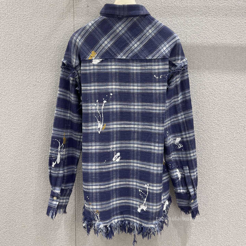 格纹泼墨翻领长袖衬衫 美式复古风宽松百搭毛边设计衬衣 ZC63380|undefined
