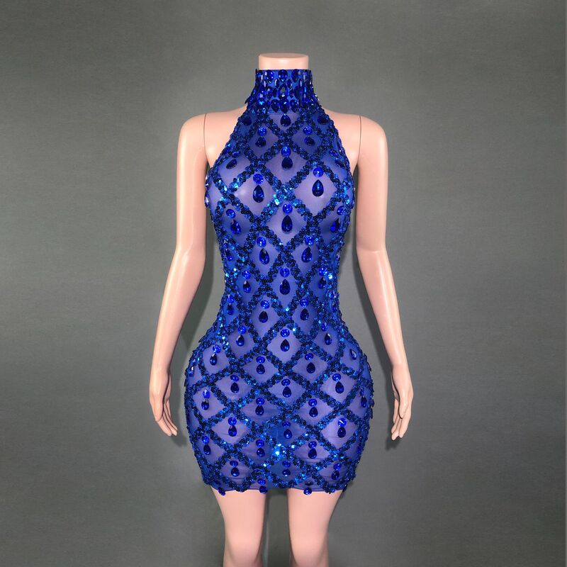 Cross Border Dress Dress Sexy Shiny Perspective Rhinestone Skirt Sleeve Carnival Party Evening Dress dress