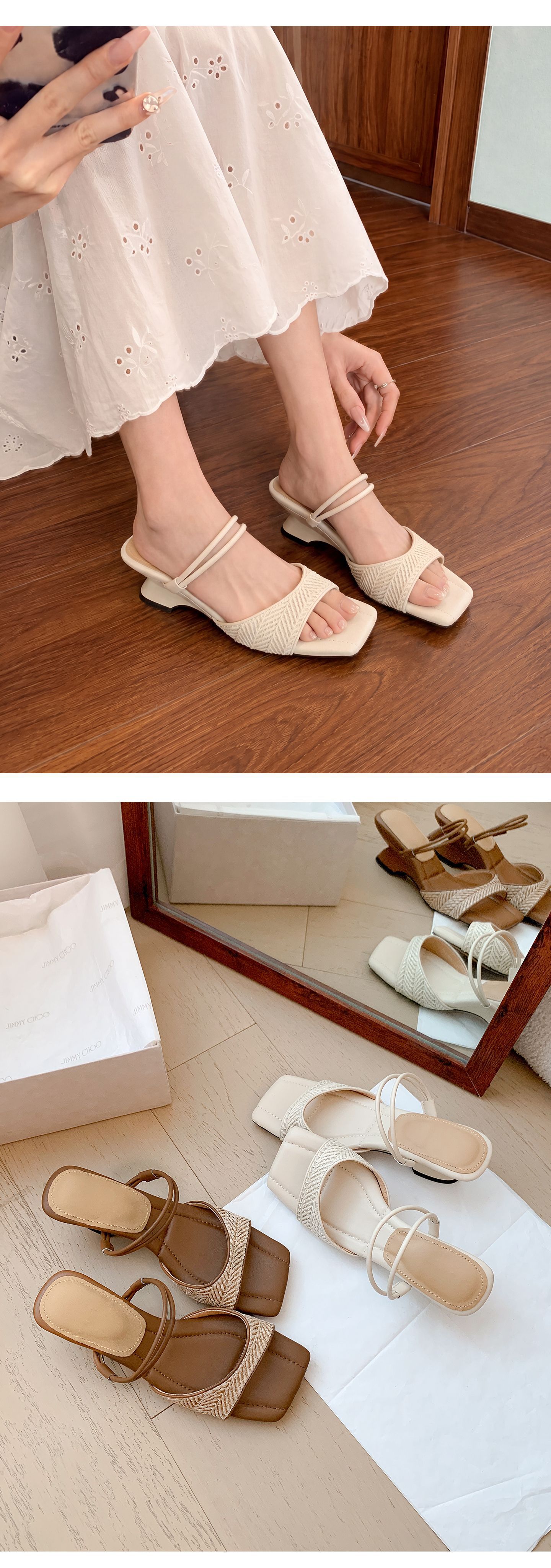 Sandal nữ quai đan mũi hở gót vuông dị hình phong cách nghỉ dưỡng — màu trắng ngà, màu mơ chi tiết 9