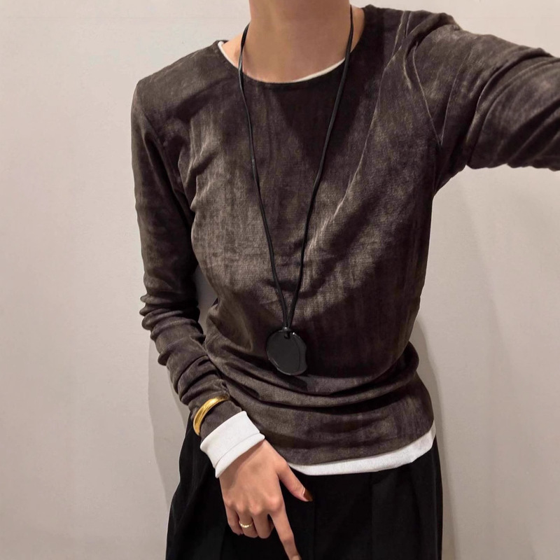 Qianke Autumn and Winter New Japanese Style Relaxed Pullover Solid Color Velvet Mesh Top Soft Skin-Friendly Casual Base T-Shirt