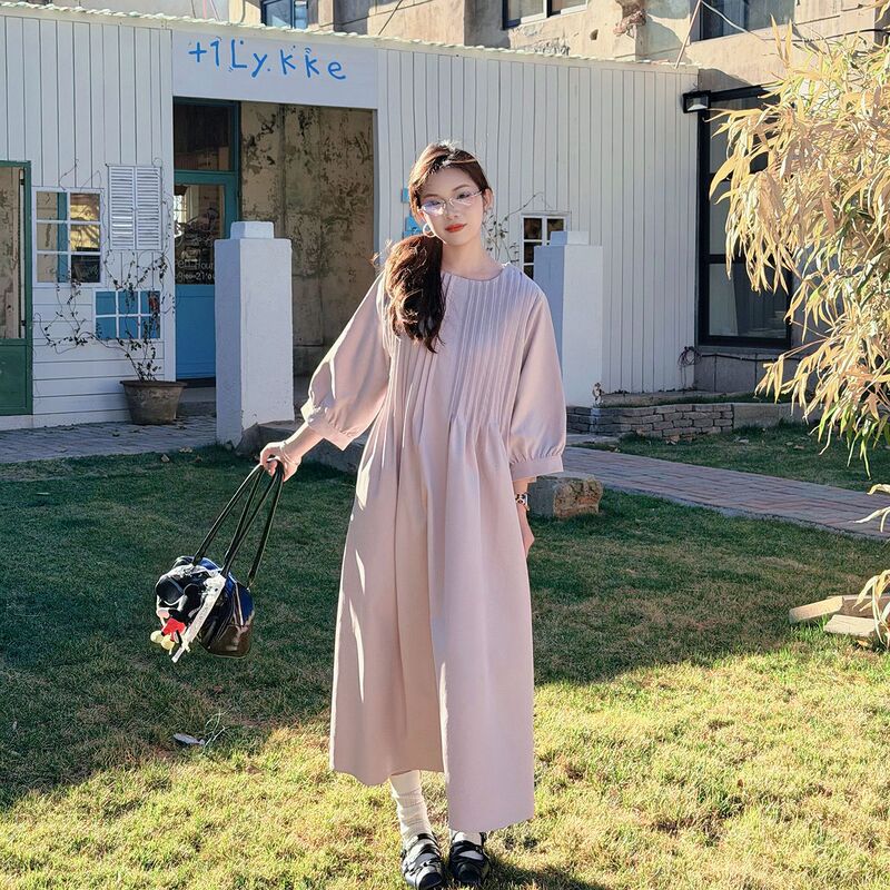 W1489 Xuanchen Large Size French-Style Elegant Long-Sleeved Dress, New Spring Style Loose-Fitting Slimming Waist-Cinching Long Dress for Women
