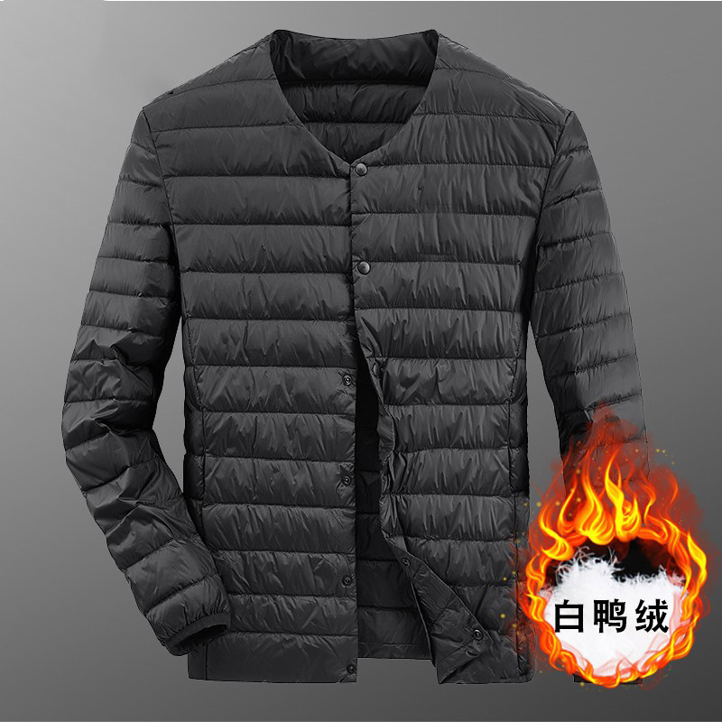 Chaqueta de plumón ligera transfronteriza para hombres y mujeres de otoño y invierno, chaqueta de abrigo caliente sin cuello, revestimiento de plumón ligero inferior se puede abrir