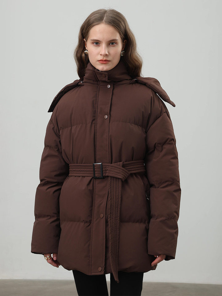 Áo khoác bông nữ có mũ, khóa kéo, thắt eo dáng ôm, dài trung bình, chất liệu polyester dày — màu nâu, màu đen, quả mơ chi tiết 37
