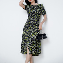 温柔风南油雪纺碎花连衣裙女夏季开叉气质显瘦收腰过膝中长裙子