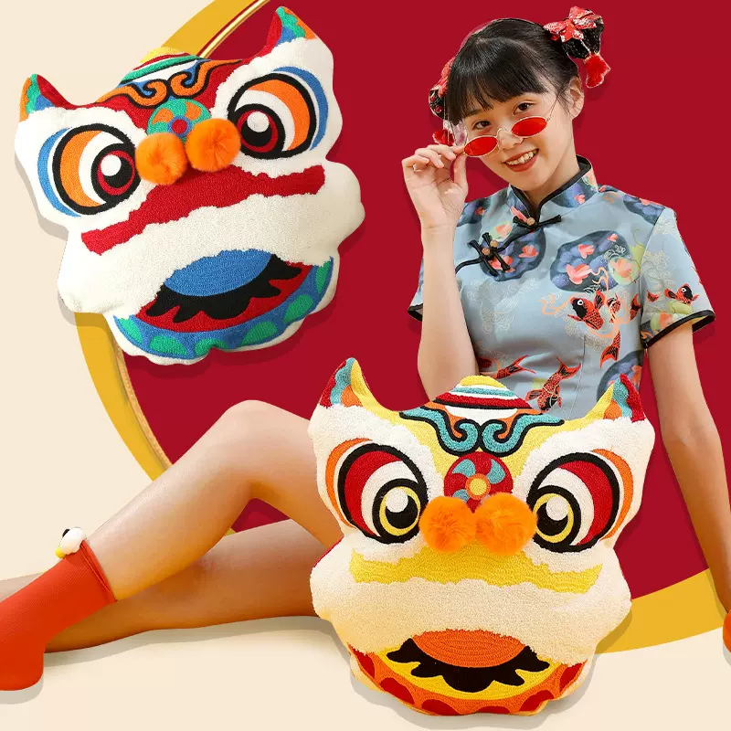 中式国潮3D醒狮抱枕喜庆卧室床头靠垫客厅沙发靠枕节日结婚国潮风