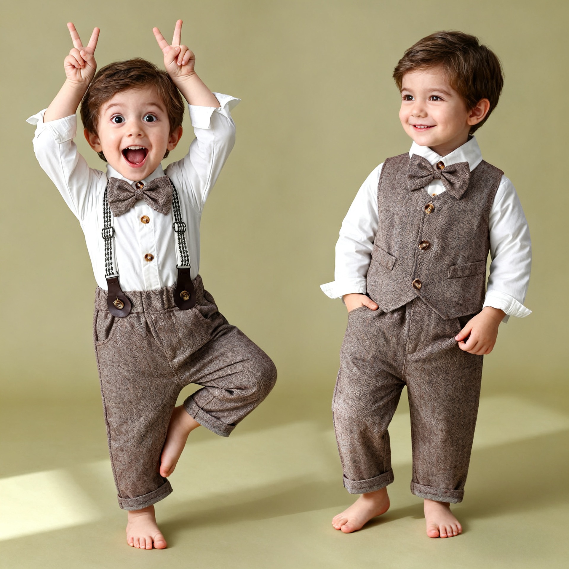 Korean Style Kidsren's Suit Lapel Long-Sleeved Shirt Retro Vest Flower Girl Dress Overalls Three-Piece Set for One-Year-Old Baby