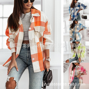 Europe and the United States explosions 2023ebay Amazon autumn and winter new women's fashion color plaid shirt brushed coat