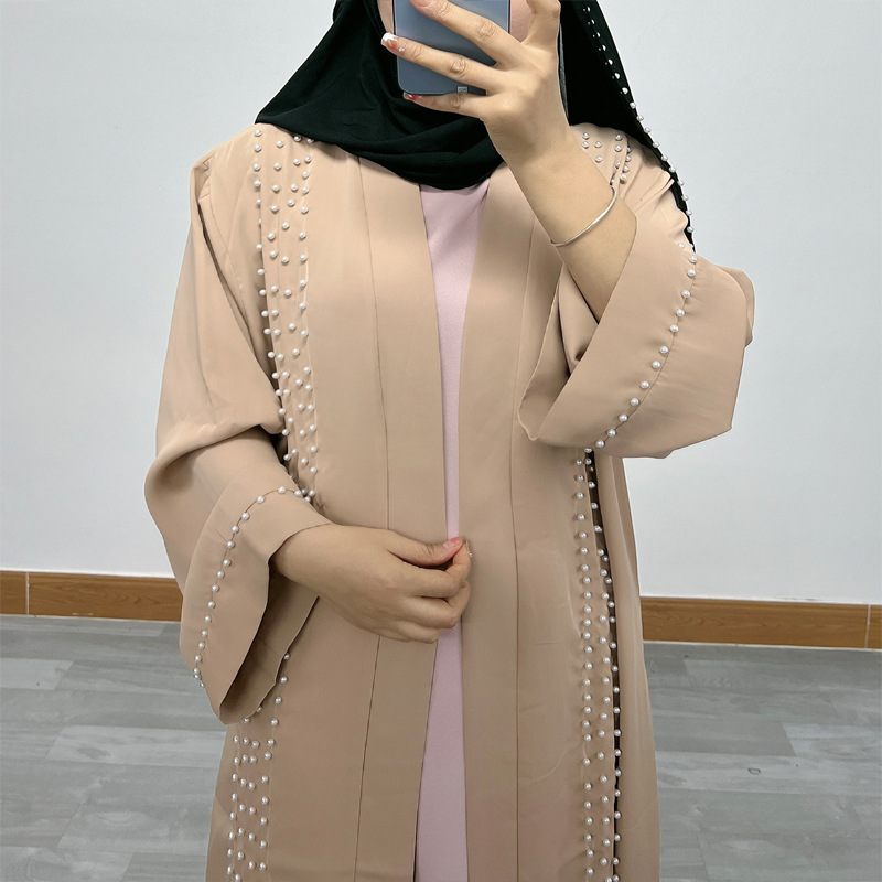 F326 Cross-Border Foreign Trade Middle Eastern Women's Long Dress, Dubai Pearl Embellished Elegant Cardigan Robe,_ecoleips.com