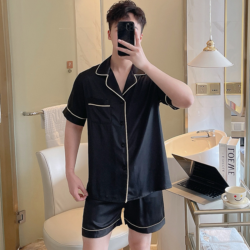 남성용 잠옷 여름 실크 아이스 실크 반팔 반바지 홈웨어 남성용 카디건 여름 얇은 모조 실크 슈트