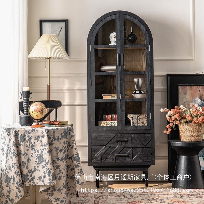 American Retro High Cabinet Old Solid Wood Entrance Cabinet Glass Hotel Wine Cabinet B&B Arched Wall Bookcase Storage Cabinet