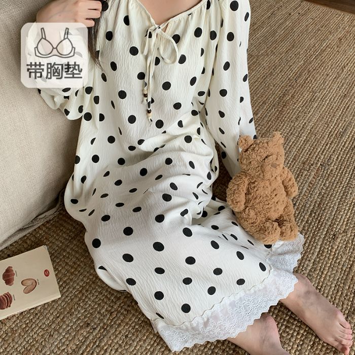 Al por mayor transfronterizo otoño nuevo pijama de mujer corbata redonda fija cojín de pecho pijama de algodón de manga larga nubes se puede usar fuera