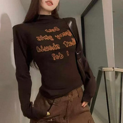 十三行半高领字母长袖棉T恤女2025秋季新款韩版时尚百搭打底衫
