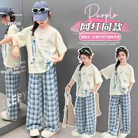 女童夏季套装2026新款洋气儿童夏装中大童短袖休闲格子裤两件套