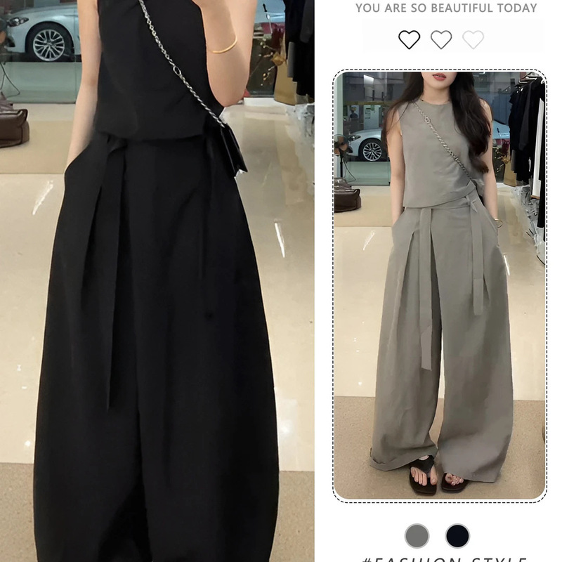 2026 Summer New Fashion Simple and Chic Two-Piece Set for Women, Solid Color Sleeveless Top Paired with High-Waisted Casual Pants, Trendy 2026 Summer New Fashion Simple and Chic Two-Piece Set for Women, Solid Color Sleeveless Top Paired with High-Waisted Casual Pants, Trendy