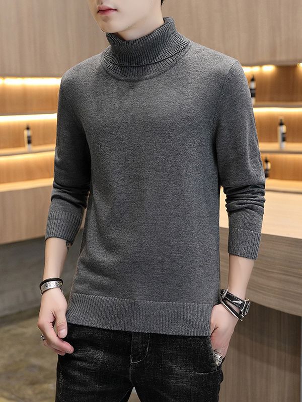 Men's Turtleneck Sweater Autumn and Winter Korean Style Slim Fit fleece-lined Thickened Warm Sweater Long Collar Knitted Base Shirt Top Trendy