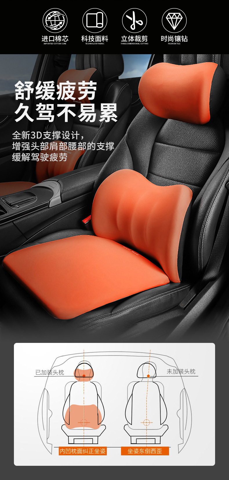 Car Interior Seat Lumbar Support Headrest Cushion Three-Piece Set Slow Rebound Breathable Fabric Neck Pillow Manufacturer Wholesale Comfortable