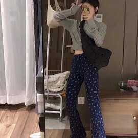 BM风笑脸微喇叭裤女春秋高腰显瘦弹力宽松直筒阔腿马蹄裤子潮ins