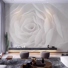 5D现代白色玫瑰花墙纸卧室沙发客厅电视背景墙布花朵餐厅直播壁画