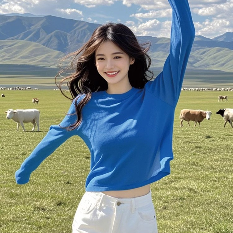 早春秋独特别致宽松长袖打底衫女设计感小众克莱因蓝绝美上衣|undefined