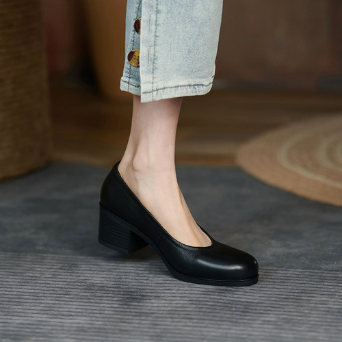 Women's Black Round-Toe Thick-Heeled Flat Shoes for Air Hostess, Bank, Hotel Interview, Professional Dress Shoes with Rough Sole and Thick Sole