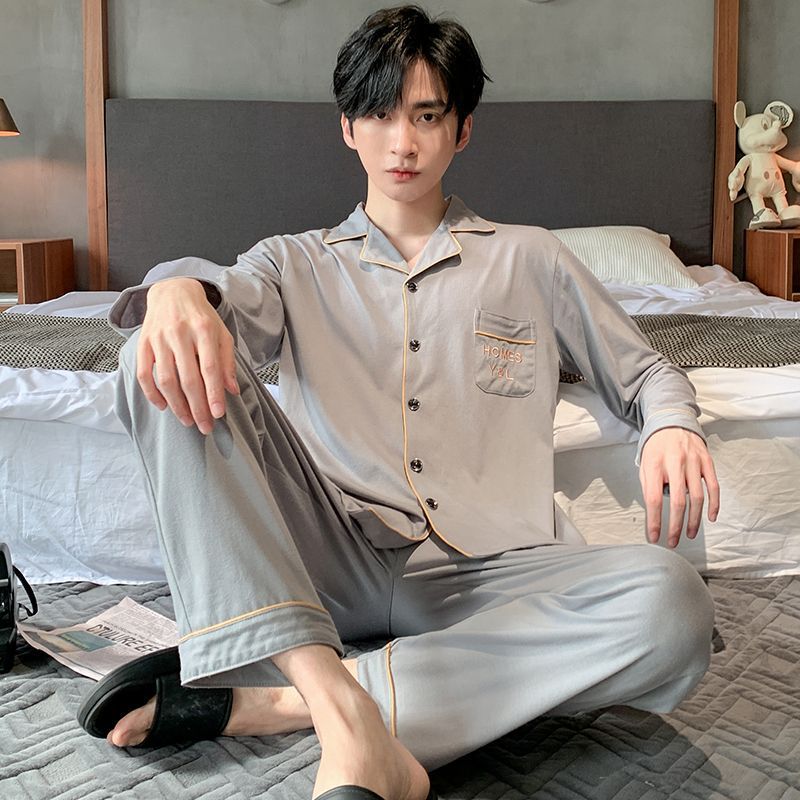 100% pijamas de algodón de manga larga de los hombres más el tamaño de los hombres de verano conjunto de dos piezas de primavera y otoño de los hombres traje de desgaste para el hogar