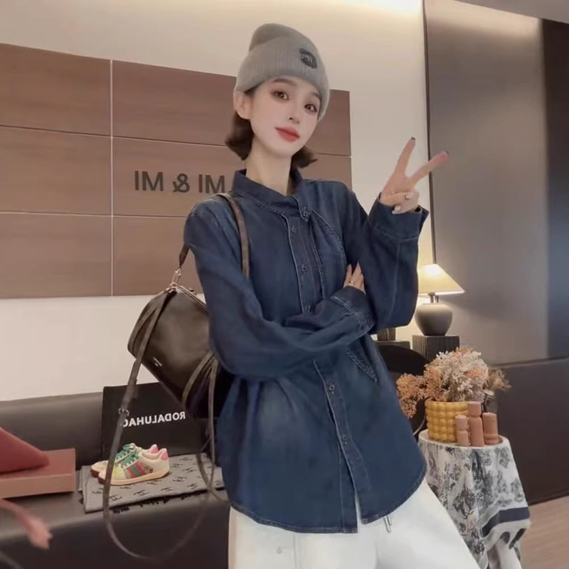 26 Spring Style Denim Shirt Long-Sleeved Women's Loose Casual Korean Style College Style Ribbon Lapel Shirt New Korean Style