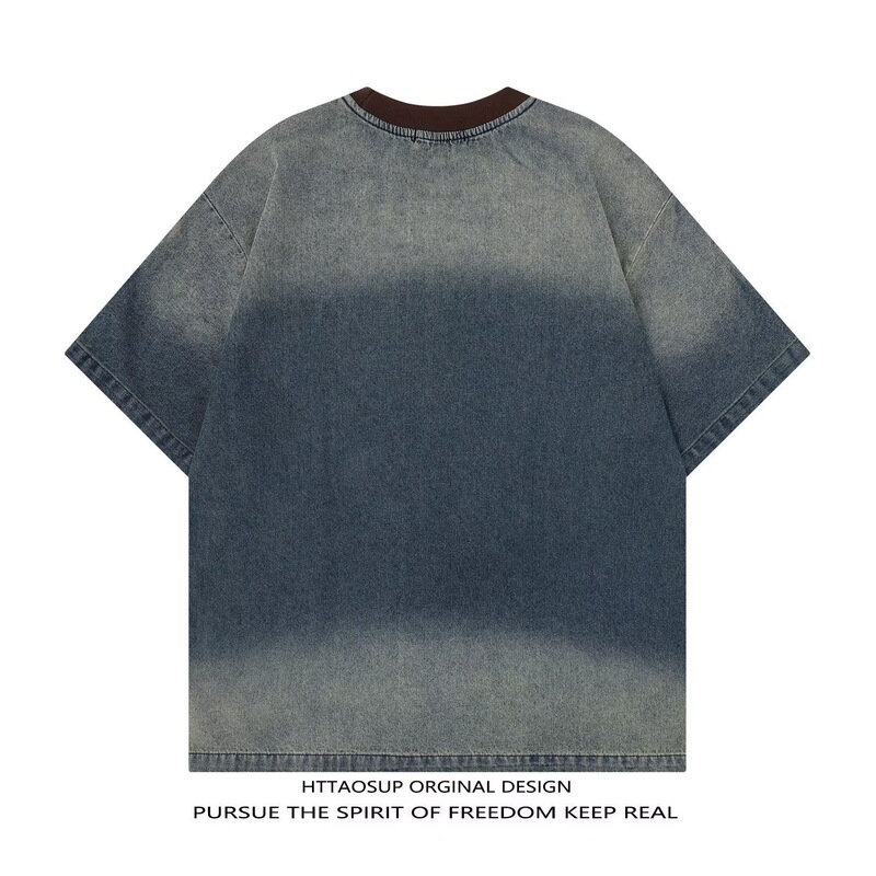 Summer Short-Sleeved T-Shirt for Men, American Trendy Brand, Retro Heavy-Duty Denim, Loose-Fitting, Versatile Half-Sleeved Top for Teenagers Summer Short-Sleeved T-Shirt for Men, American Trendy Brand, Retro Heavy-Duty Denim, Loose-Fitting, Versatile Half-Sleeved Top for Teenagers