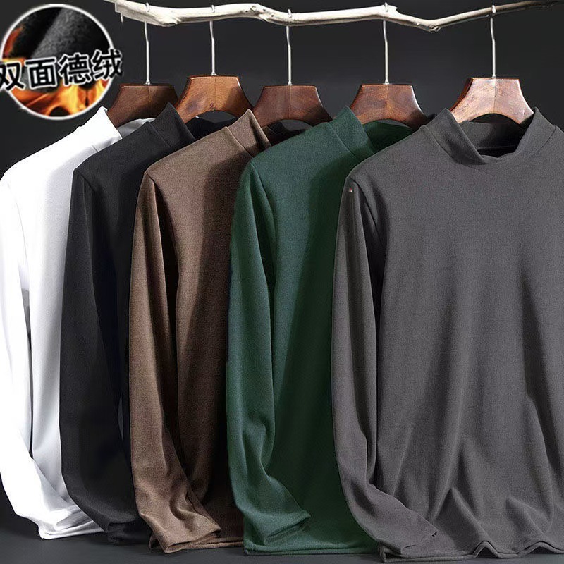 Suéter de base térmica de terciopelo alemán de doble cara para hombres de cuello medio alto más terciopelo fino tipo de cuello redondo y camiseta de manga larga para hombres de otoño image 1
