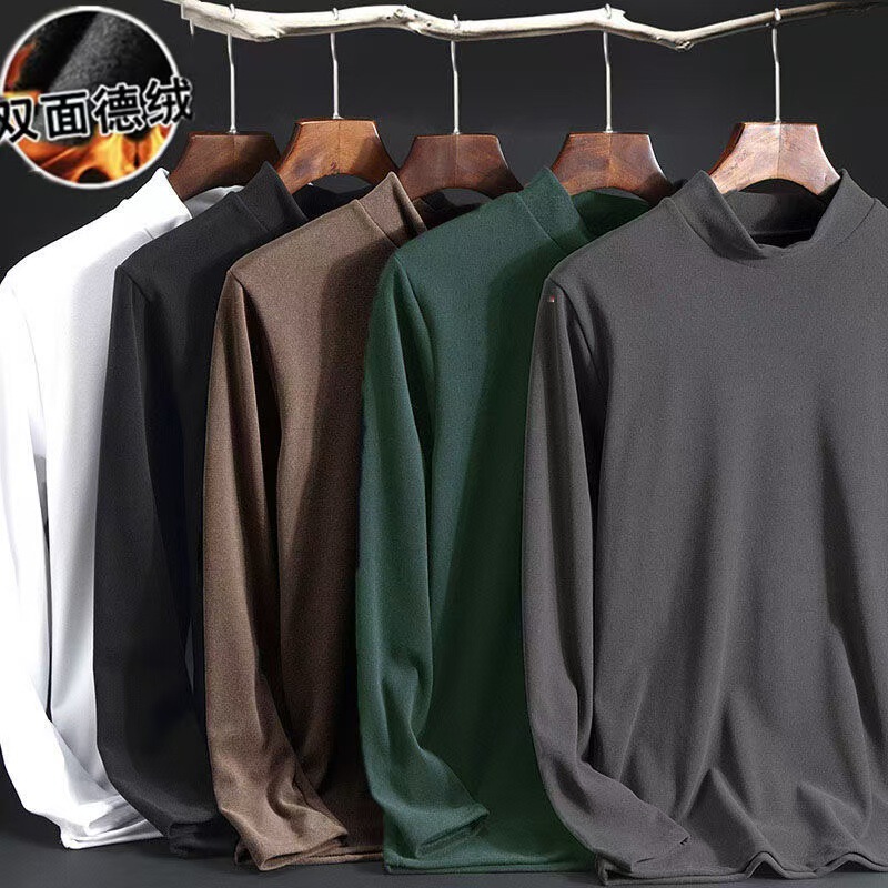 Double-sided velvet warm bottoming shirt men's semi-high collar plus fine velvet medium-thick inner round neck long sleeve t-shirt autumn clothes for men Double-sided velvet warm bottoming shirt men's semi-high collar plus fine velvet medium-thick inner round neck long sleeve t-shirt autumn clothes for men