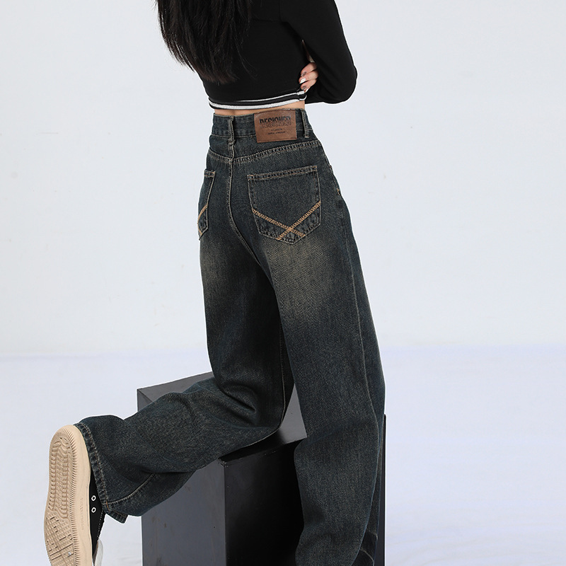 Retro High Waist Wide Leg Jeans Women's 2024 New Spring and Autumn American Loose Narrow Straight Leg Pants for Small Men