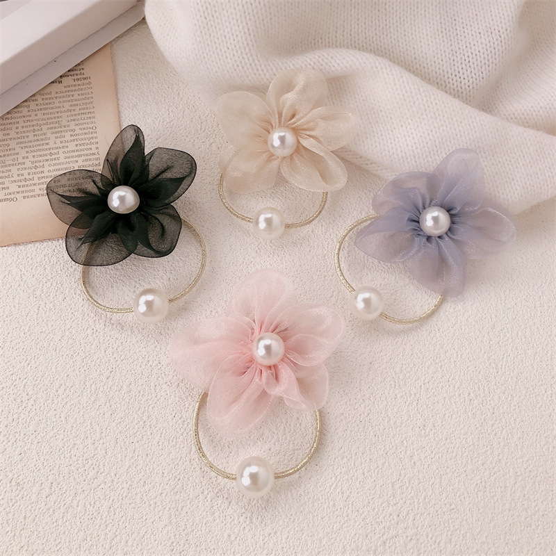 Nuevo hilo de malla de perla flor anillo de cabello de alta sensación de la cabeza de la corda de cabello de la corda de cabello de la cola de caballo temperamento banda de goma adornamiento para el cabello