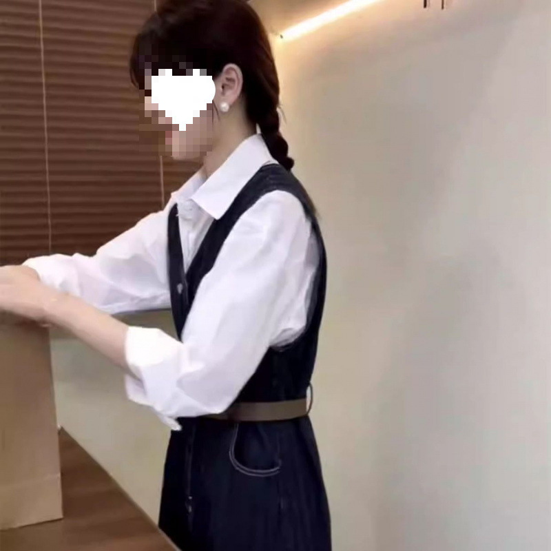 秋装法式洋气减龄白色衬衫蓝色牛仔背心连衣裙子两件套装女小个子|undefined