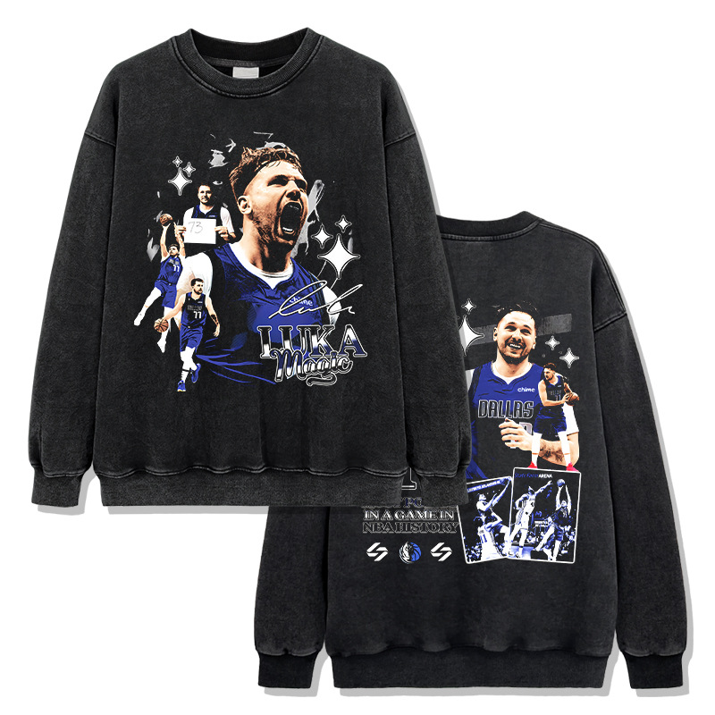 Suéter de cuello redondo negro lavado con agua