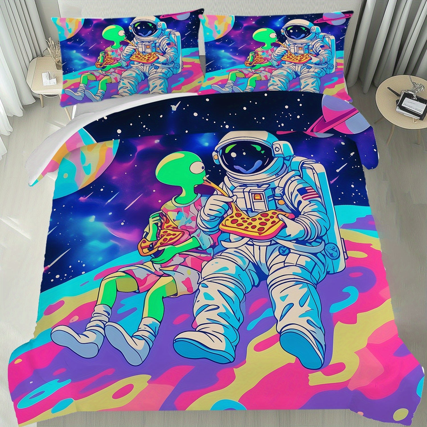 Cartoon Astronaut Digital Printed Edredon Kit Textile Transpirable Transfronterizo Fuente TEMU / JIT