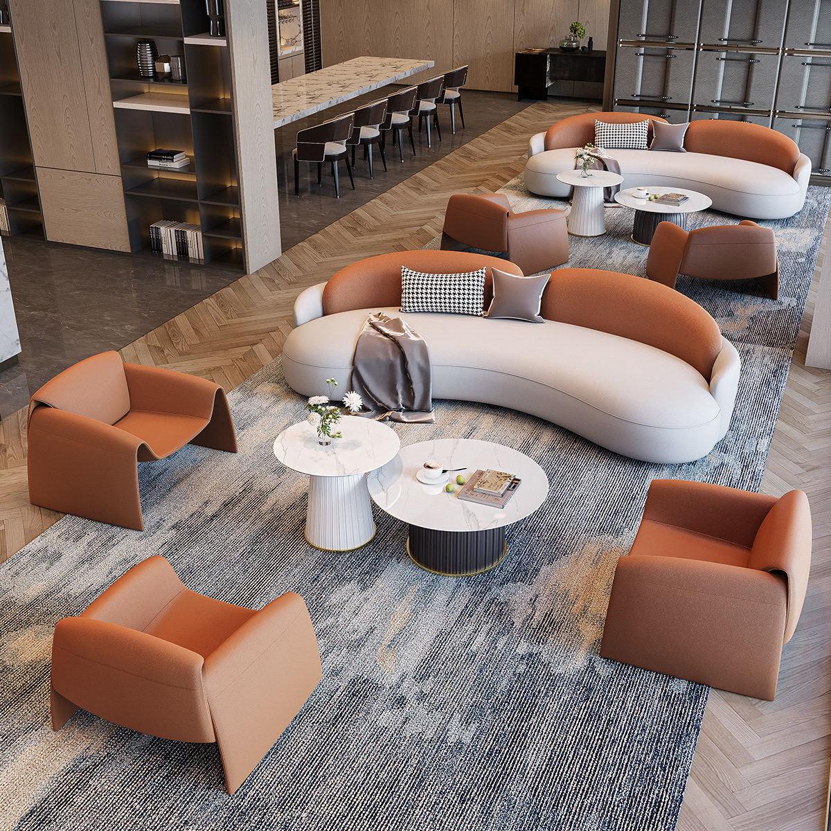 División de ventas para negociar sofá de lujo ligero sala de estar hotel lobby recepción oficina de recepción sofá mesa de té combinación image 4