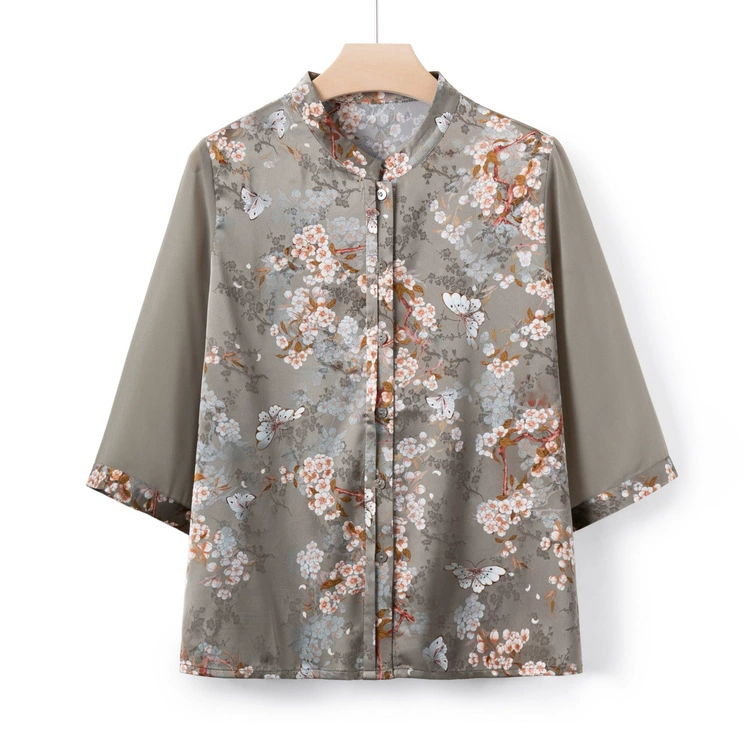 Мамочка Кардиган Весна Лето Новый китайский круглый Новый 2024 топ с короткими рукавами свободный принт дикий пуговицы Древний стиль