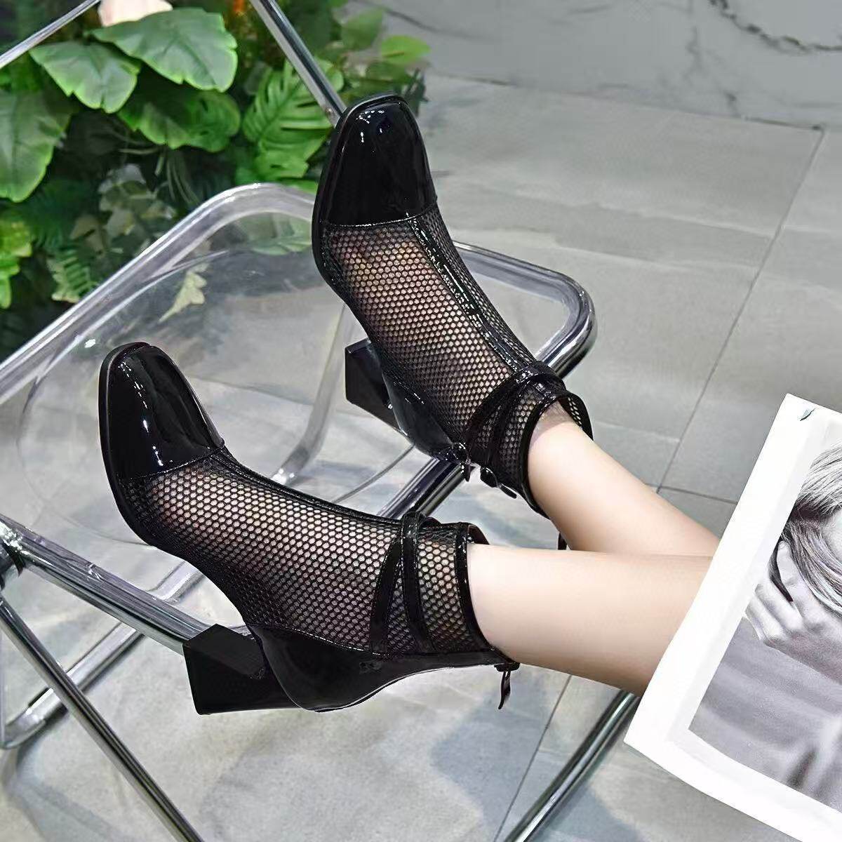 Sandal nữ da thật mũi vuông lưới thoáng khí gót thô đế mềm — Da sơn đen