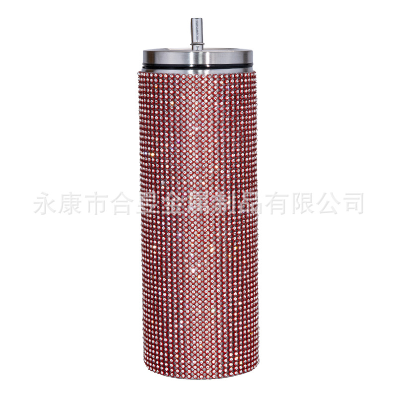 Bling rhinestone taladro 20oz vacío aislado paja de acero inoxidable taza café cuerpo recto adelgazamiento taza