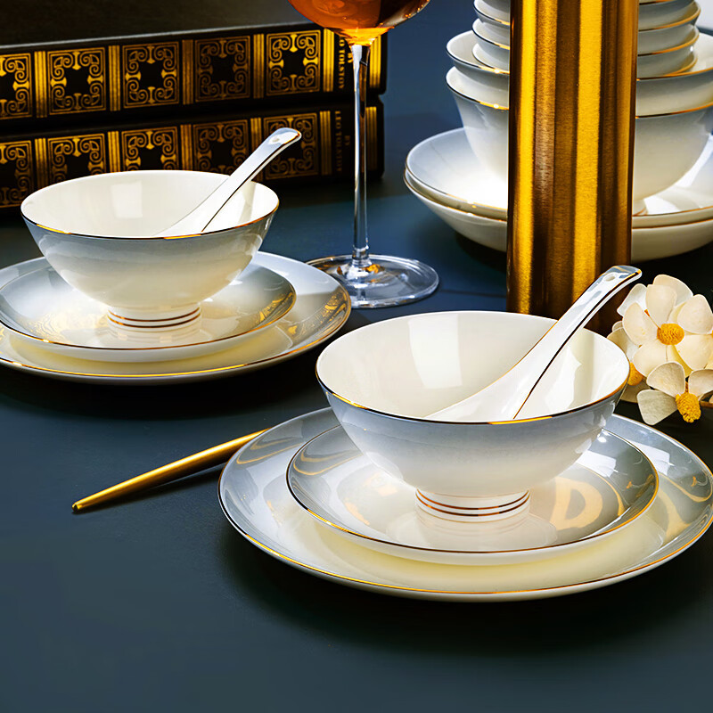 Tangshan tazón doméstico nuevo tazón de fideos hueso porcelana cubiertos sopa tazón de pintura dorado color gradiente puede microondas tazón de cerámica