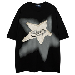 夏の国潮五角星貼り布刺繍半袖男ins潮牌ヒップホップゆるい半袖カジュアル丸襟tシャツ