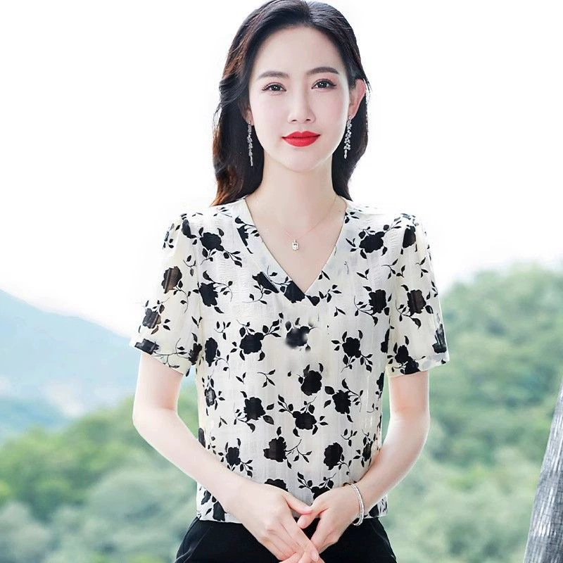 Летняя рубашка с короткими рукавами с принтом Летняя новая мода иностранная мода минус возраст тощая мама рубашка маленькая рубашка