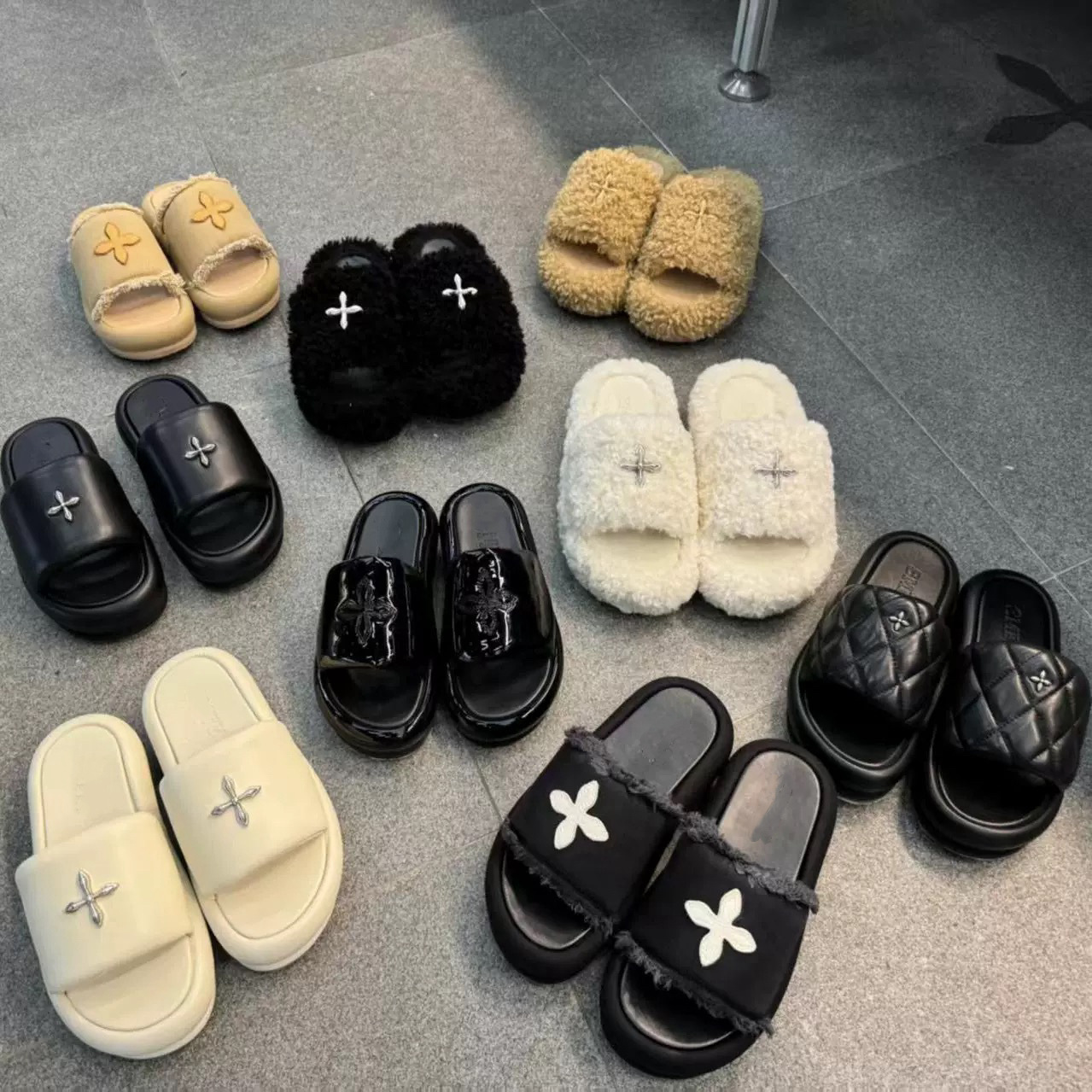 新款SMFK黑气球拖鞋增高5cm厚底十字花女真皮外穿一字拖国潮辣妹