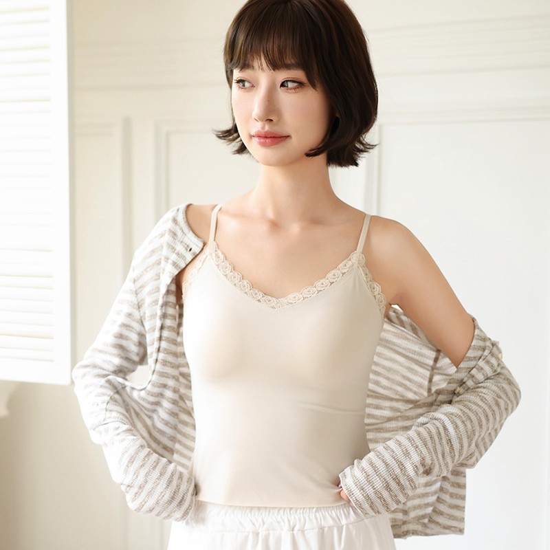 2025秋冬新款山茶花蕾丝吊带背心女带胸垫内搭中长款无痕抹胸上衣|undefined