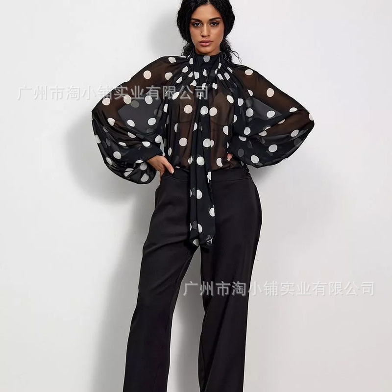 Spring 2025 New Sweet All-over-Dot Tie Collar Pleated Shirt Shirt High-grade Simple Shirt for Commuter