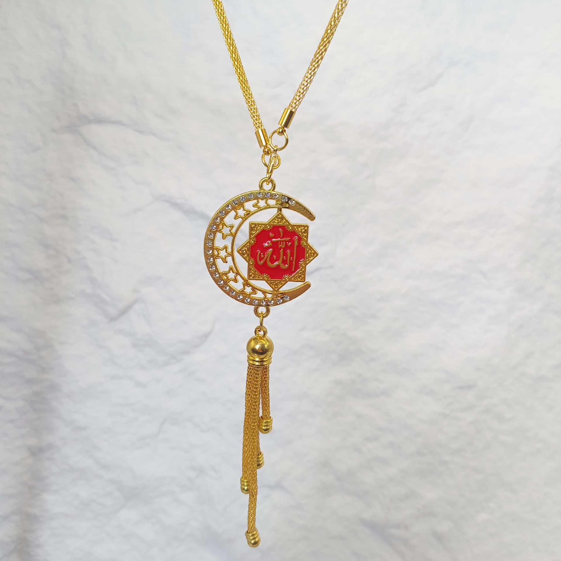 Golden Star and Moon Enamel Car Pendant, 3D Scripture Car Hanging Ornament, Diamond-Encrusted Rearview Mirror Tassel Decoration, Cross-Border Wholesale