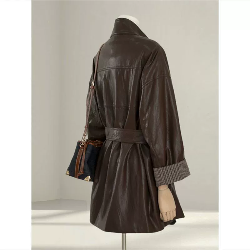Coffee autumn polyurethane jacket, high-quality style, oversize, loose fit