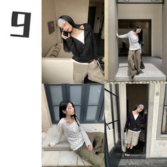[9hour]慵懒风假两件半开斜领t恤女 2025秋季个性长袖上衣c250360